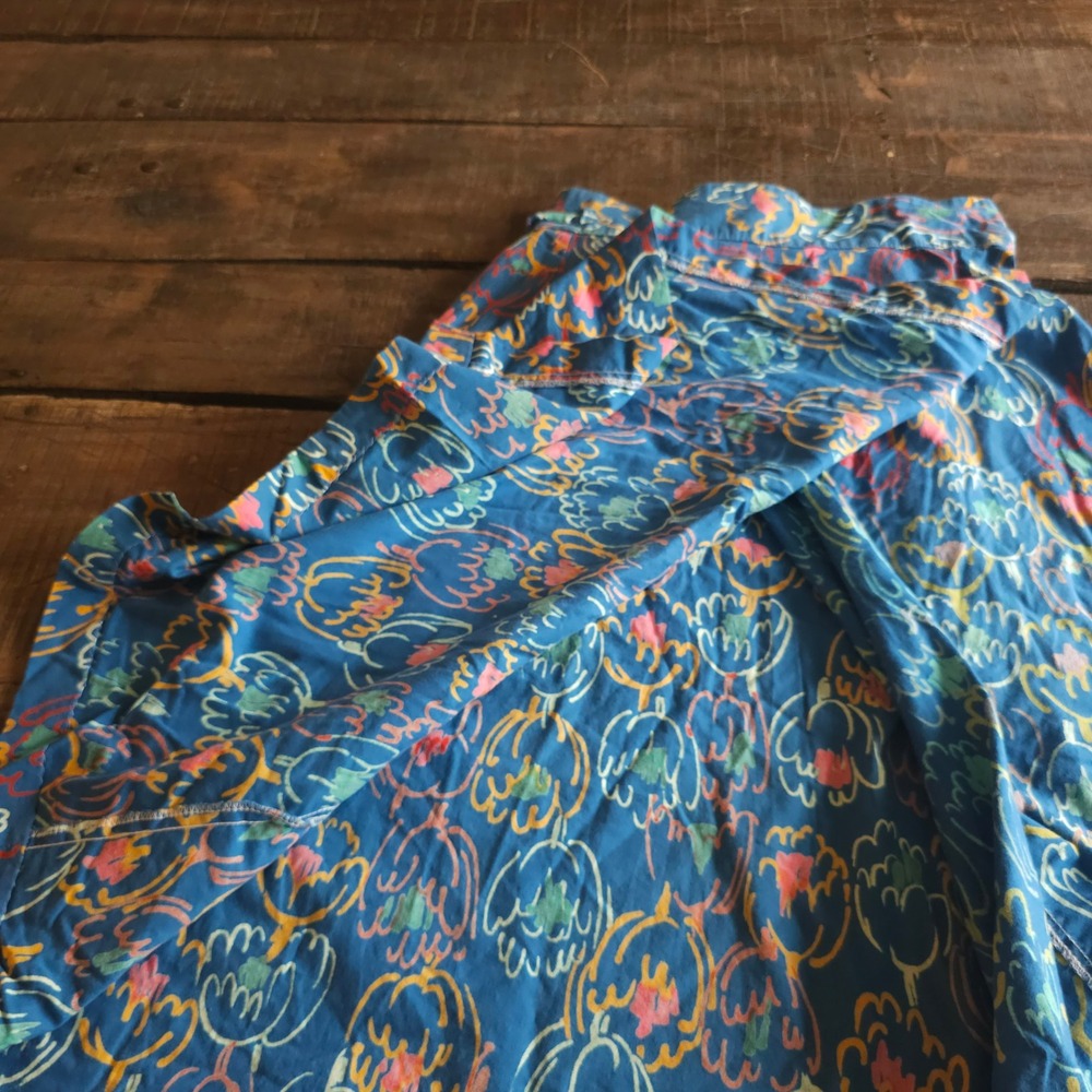 Vintage 1970s Blue Abstract Floral Wrap Skirt A-Line Boho Cotton Midi Skirt - Picture 11 of 13